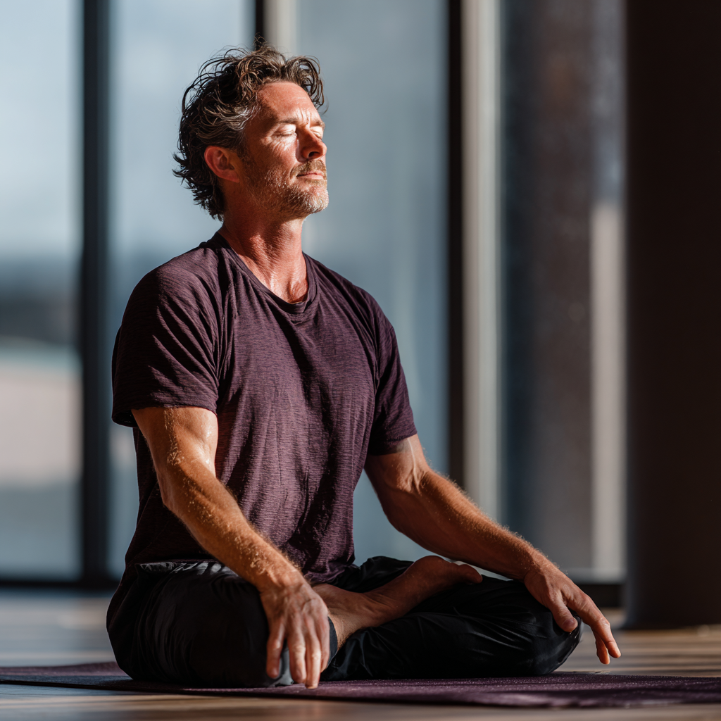 A man in his early 50s in a peaceful yoga stretching pose on a mat, wearing comfortable dark purple athletic wear, soft natural lighting from large windows, calm focused expression
